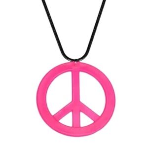 Hot Pink Peace Sign Hippie 60s 70s Pendant Necklace